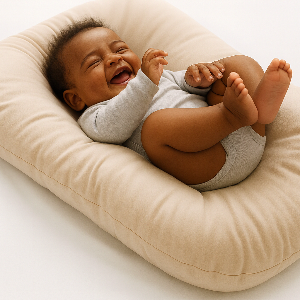 Bébé métis qui rit dans le réducteur de lit beige NidSerein™, installé confortablement pour un sommeil serein