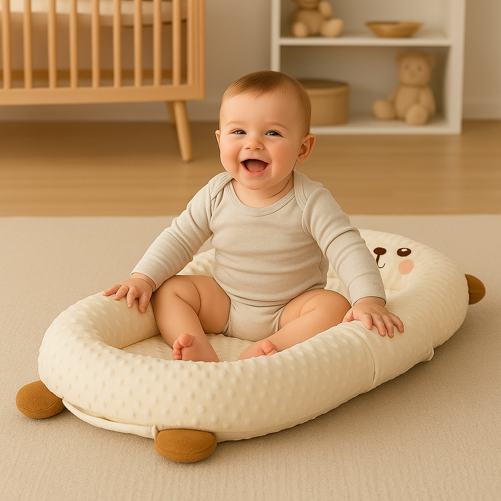 Bébé assis et souriant dans un réducteur de lit bébé en minky FuzzyBear™, dans une chambre douce.