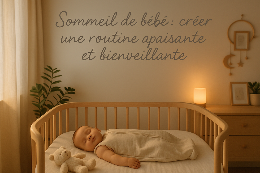 Chambre de bébé scandinave à la lumière tamisée, avec un bébé endormi dans une gigoteuse beige, une veilleuse allumée et le titre manuscrit “Sommeil de bébé : créer une routine apaisante et bienveillante” inscrit sur le mur.