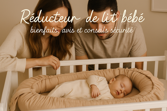 Parents penchés avec tendresse sur leur bébé dormant paisiblement dans un réducteur de lit nid cocon bébé beige, symbole de sécurité et de douceur.