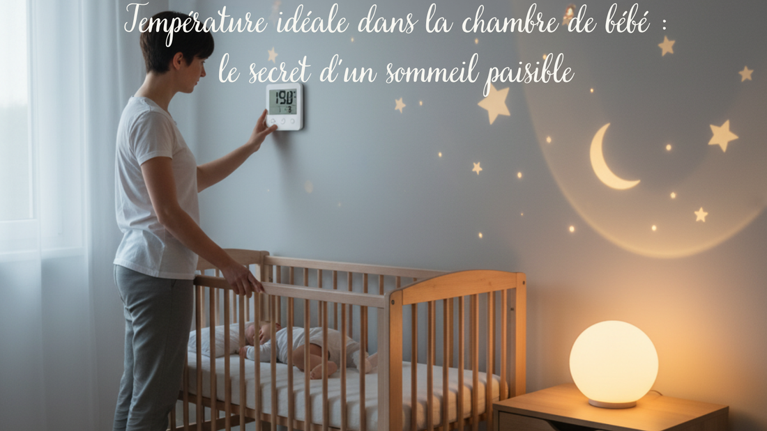 Parent en T-shirt blanc réglant un thermomètre mural sur 19°C près du berceau où dort un bébé, avec une veilleuse à projection d'étoiles sur la table de chevet. Le visuel est titré sur le thème du sommeil paisible.