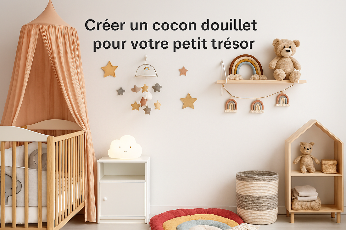 Décoration de chambre bébé en mode cocon, avec meubles en bois, couleurs douces et accessoires ludiques pour un espace apaisant et fonctionnel.