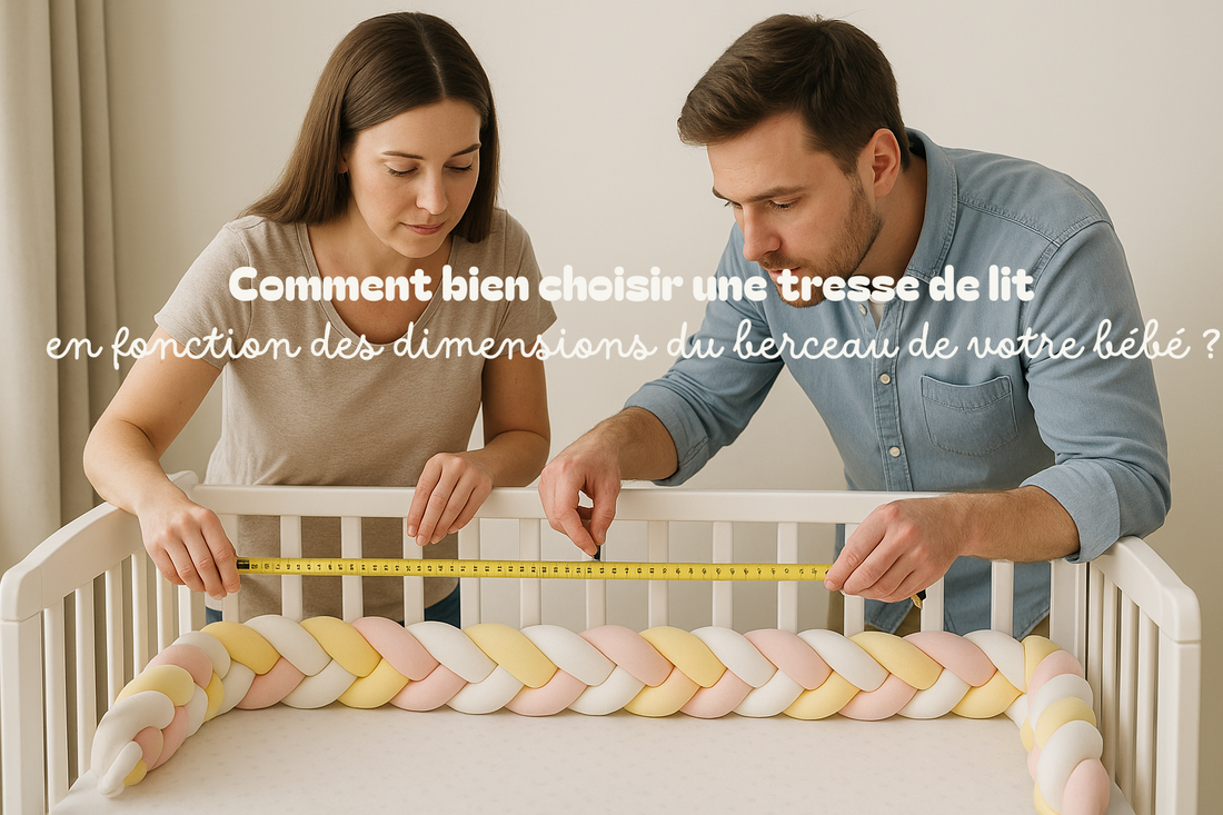 Un couple mesure les dimensions d'un berceau blanc 60x120 cm, équipé d'une tresse de lit Marshmallow™ aux couleurs pastel (jaune, rose, blanc) pour un aménagement sécurisé et confortable."