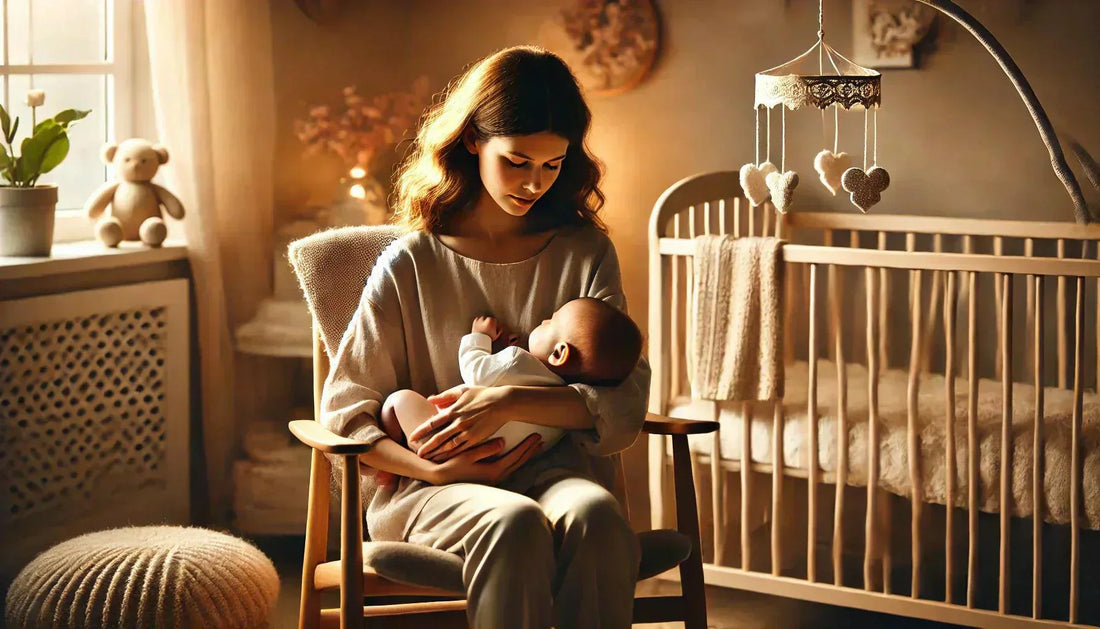 Maman berçant son bébé dans une chambre avec une ambiance apaisante 