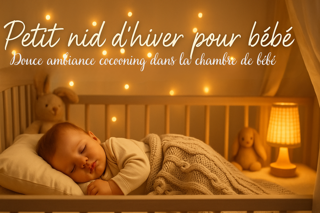 Bébé endormi paisiblement dans sa chambre cocooning d’hiver, entouré de lumière douce et de textiles chauds │ chambre bébé hiver cocooning.