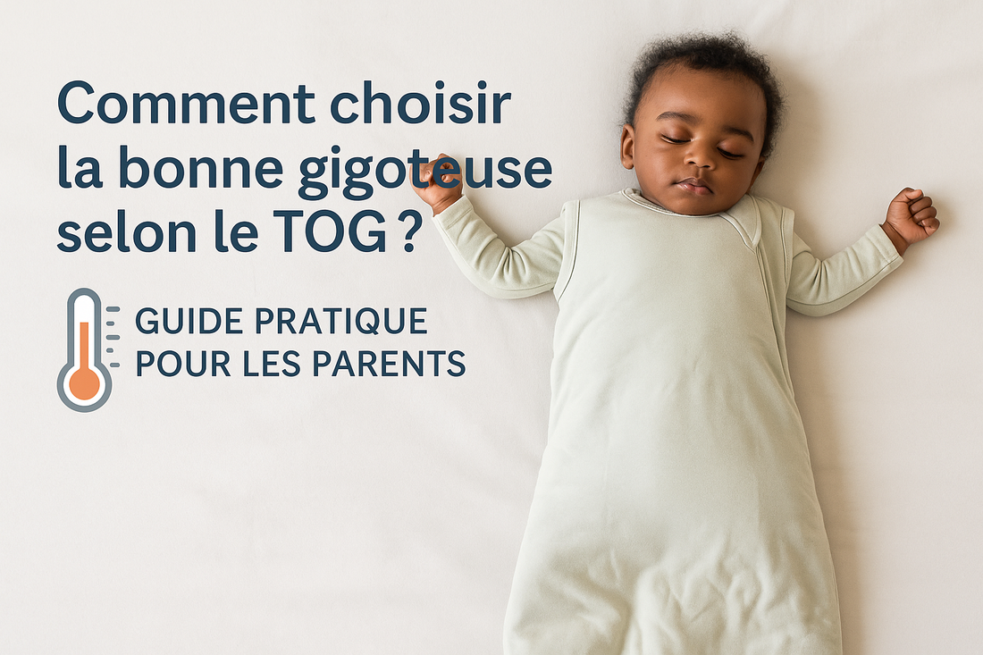 Bébé endormi dans une gigoteuse DouxRefuge™, sur fond pastel avec le titre “Quelle turbulette pour quelle température ?” – guide TOG pour bien habiller bébé la nuit.