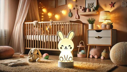 Un chambre de bébé aux couleurs douces beige et au milieu une veilleuse en forme de lapin diffuse une lumière un peu jaune tamisée