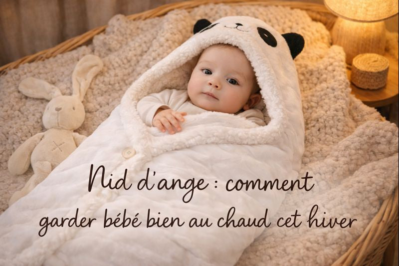 bébé calme dans un nid d’ange blanc dans une ambiance cocoon hivernale avec lumière chaude