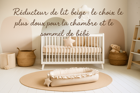 Visuel héro d’une chambre bébé scandinave avec un réducteur de lit beige installé dans le berceau, ambiance douce et apaisante.