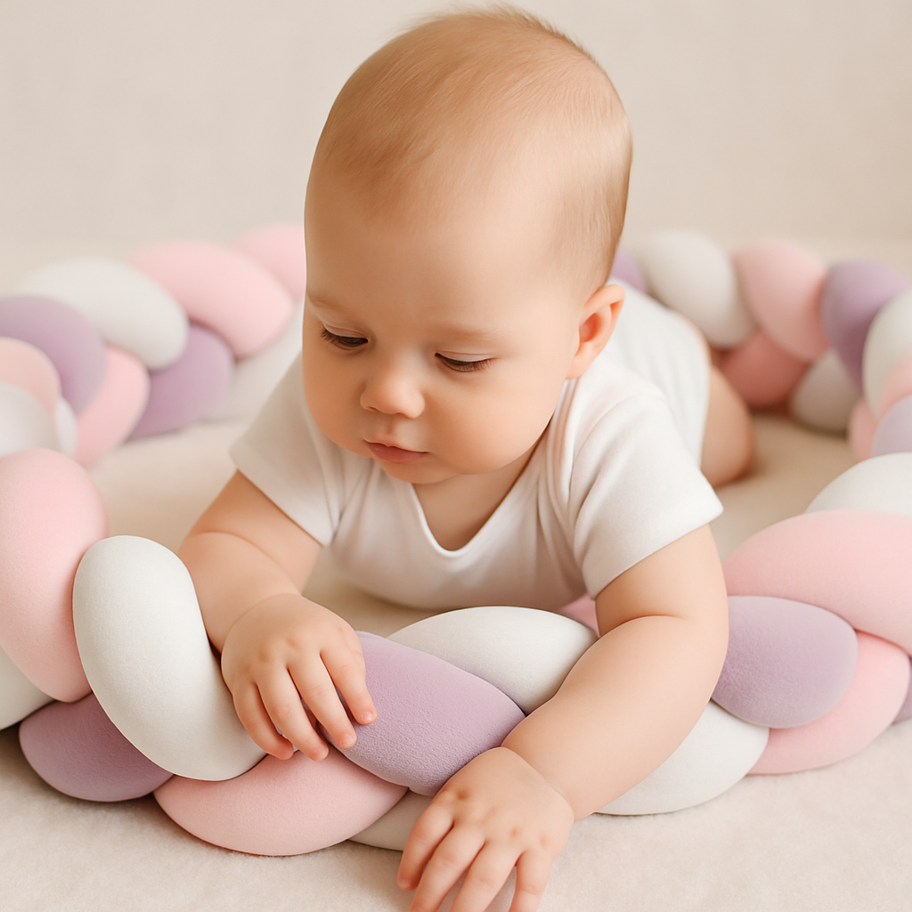 "Bébé allongée dans son berceau, jouant joyeusement avec la tresse de lit rose, violet et blanc, créant un environnement paisible et sécurisé pour son sommeil."