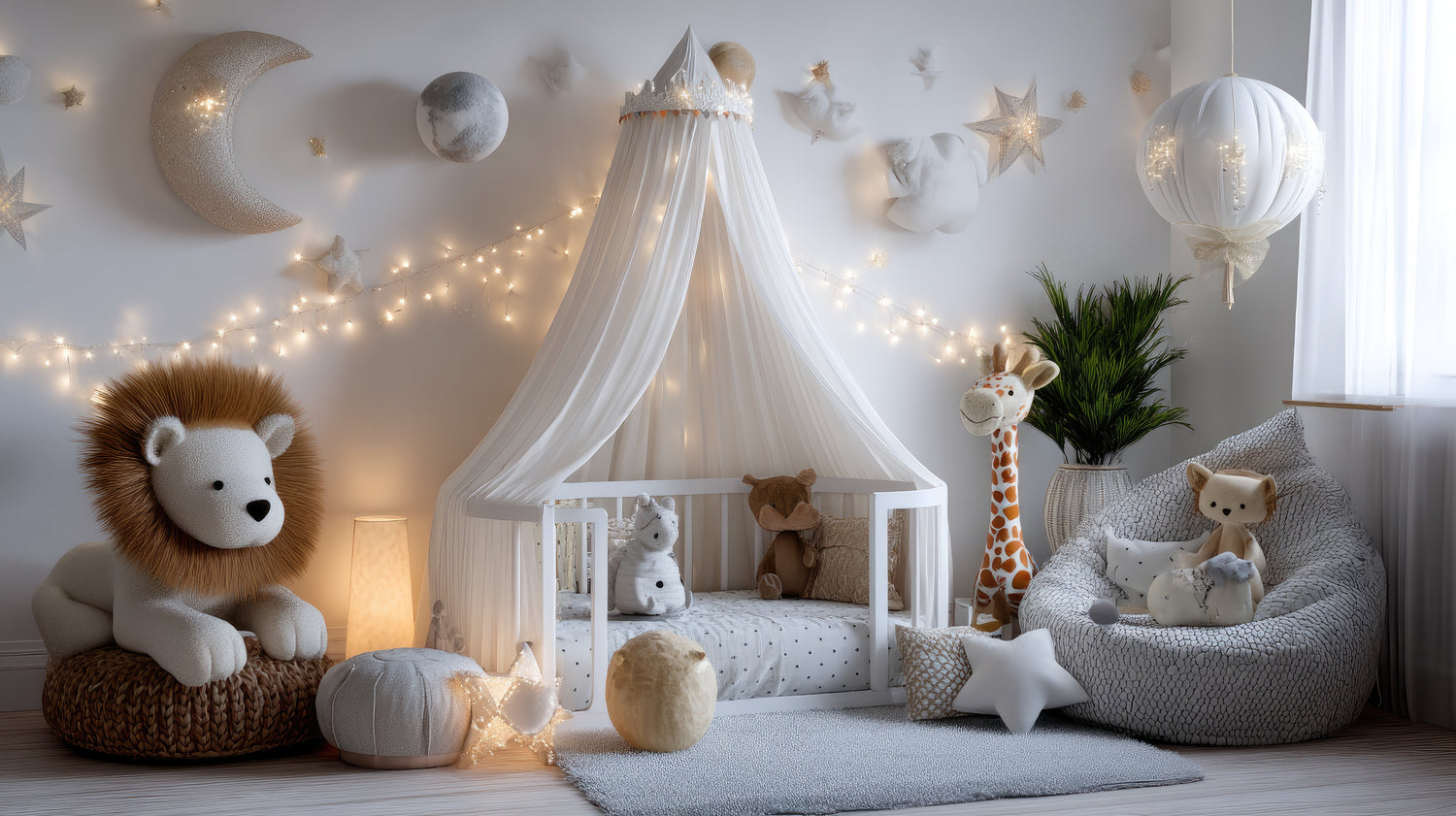Chambre de bébé décorée avec ciel de lit blanc, guirlandes lumineuses et peluches, ambiance chaleureuse et apaisante
