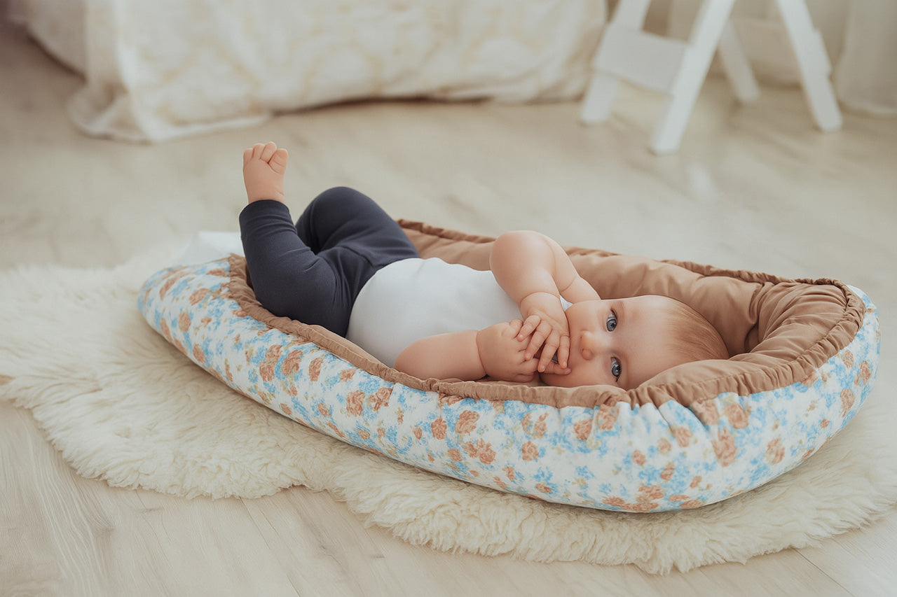 Bébé apaisé dans un réducteur de lit fleuri, moment de calme propice au sommeil de bébé.