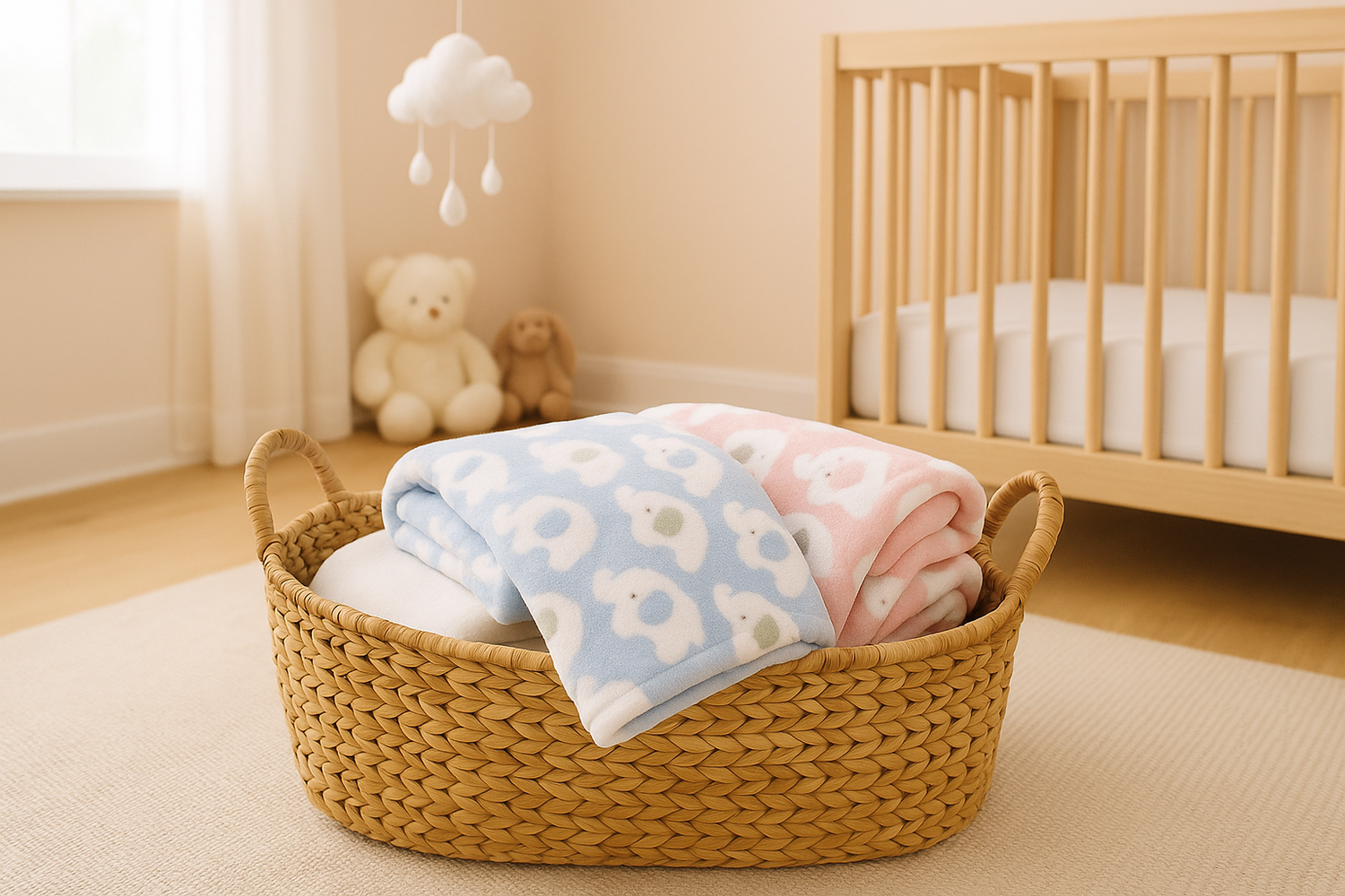 Collection de couvertures bébé chaudes Calinia™ pliées dans un panier en osier, chambre scandinave aux tons pastel rose et bleu.