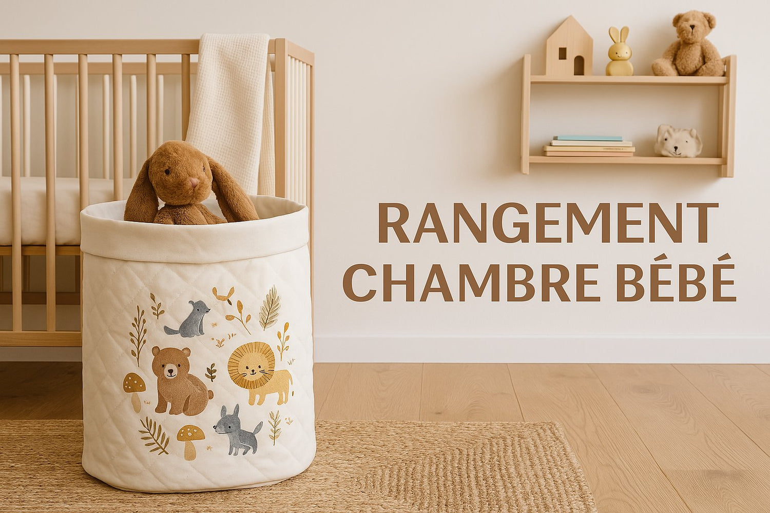 Rangement chambre de bébé - un panier un berceau et une étagère dans des tons doux et miel