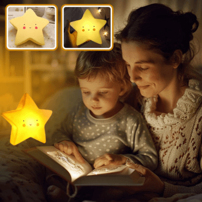 Un maman lit une histoire à son enfant avec la lumière d'une BEBE VEILLEUSE - StarNight™ allumée en jaune