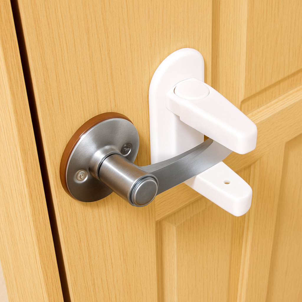 Bloque porte bébé adhésif sans percer SécuBloc™ installé sur une porte en bois clair, empêchant l’ouverture de la poignée métallique pour sécuriser la pièce.