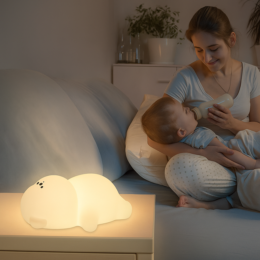 Maman donnant le biberon à son bébé dans une chambre tamisée, éclairée par une bebe veilleuse ours posée sur la table de nuit.