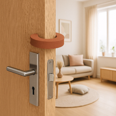 Bloque Porte Sécurité Bébé│ProtectBloc™securite installé sur une porte en bois clair ouvrant sur un interieur moderne et lumineux