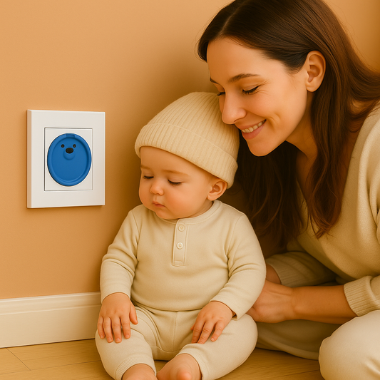 Maman souriante observant son bébé assis près d’un mur beige, à côté d’un cache prise bébé bleu pastel en forme d’ours. Scène douce et sécurisée, ambiance chaleureuse de chambre bébé.