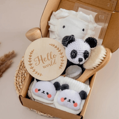 Présentation du coffret coffret pour bébé panda avec tous les accessoires 