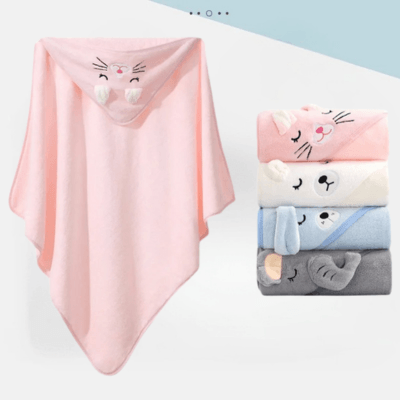 Cape de Bain Bébé à Capuche _-bleu-blanc-gris-rose plus cap de bain rose déplié 