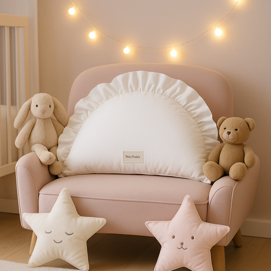 Chambre de bébé décorée en blanc et rose avec le Coussin Bebe Deco-BabyKudde™ blanc posé sur un fauteuil.
