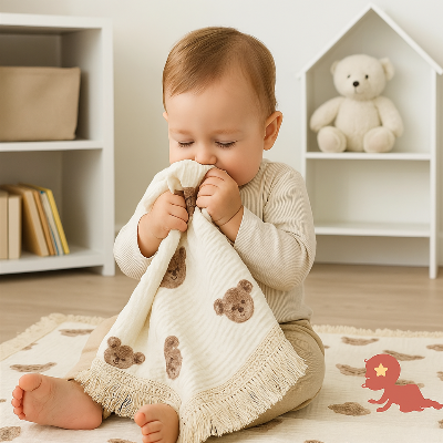 Bebe assis sur une Couverture Bébé à Franges│SkinSecure et se servant d'un bout de la couverture comme doudou 