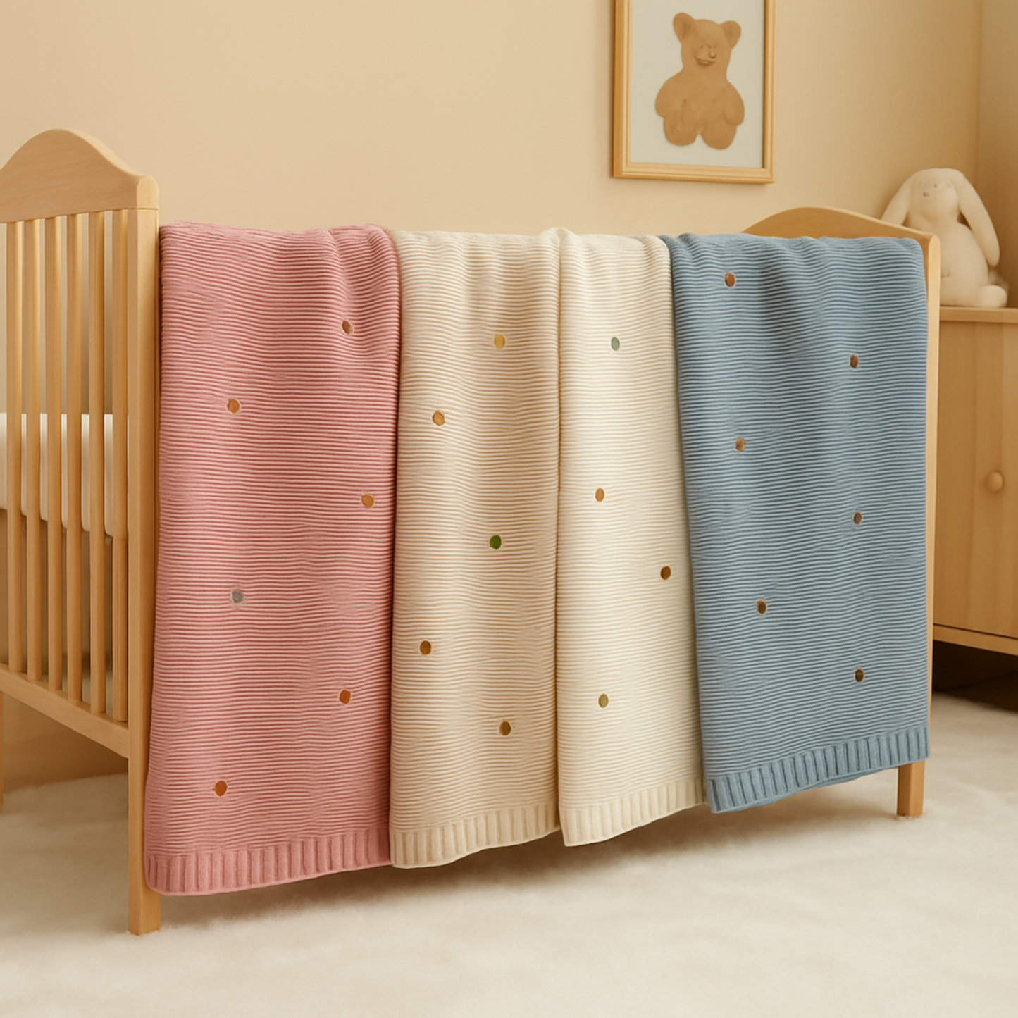 Gros plans sur les quatres couleurs,de la Couverture Bébé Tricot Coton_DouceMaille posées sur le rebord d'un berceau