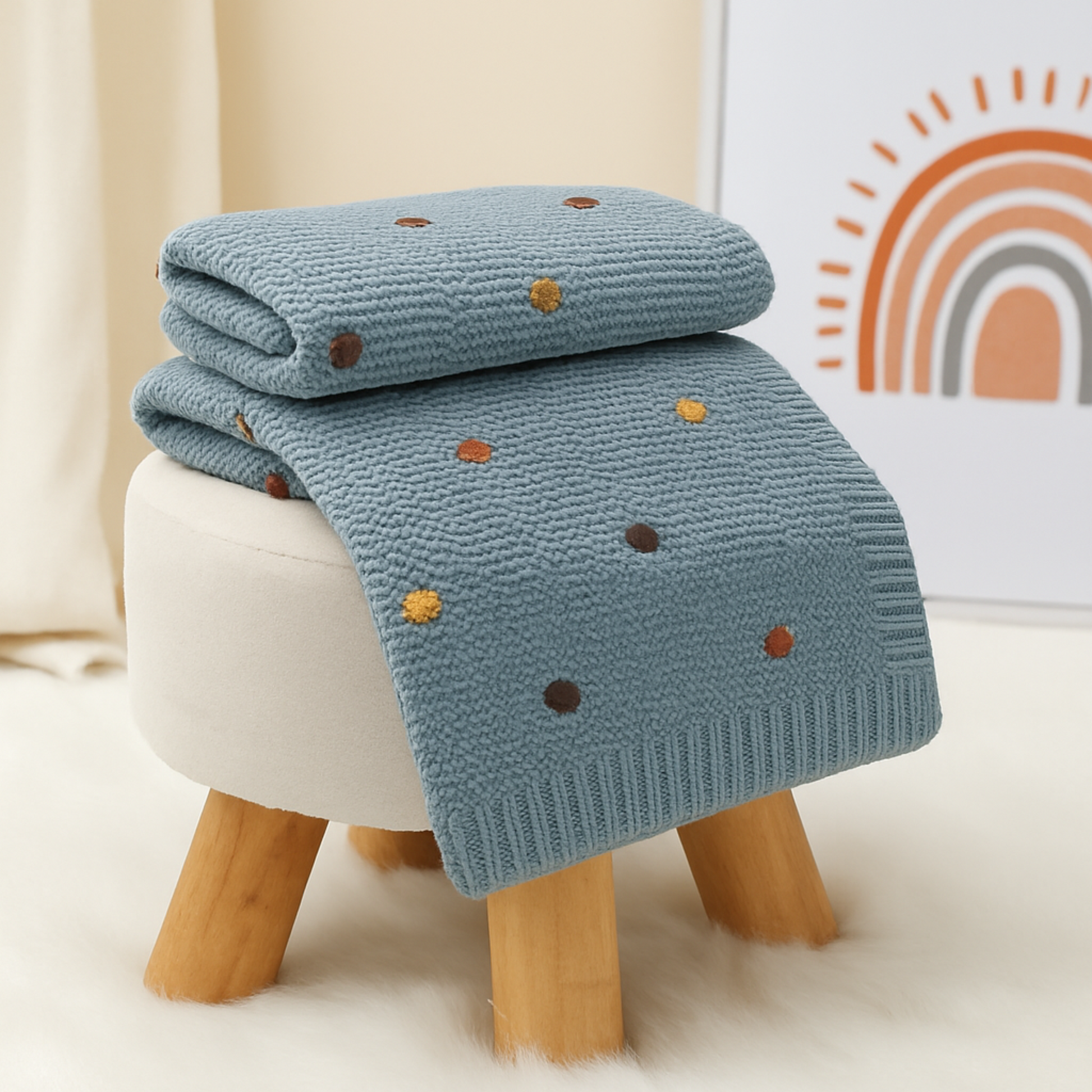 Gros plan sur la Couverture Bébé Tricot Coton-DouceMaille™ - bleue posé sur un tabouret