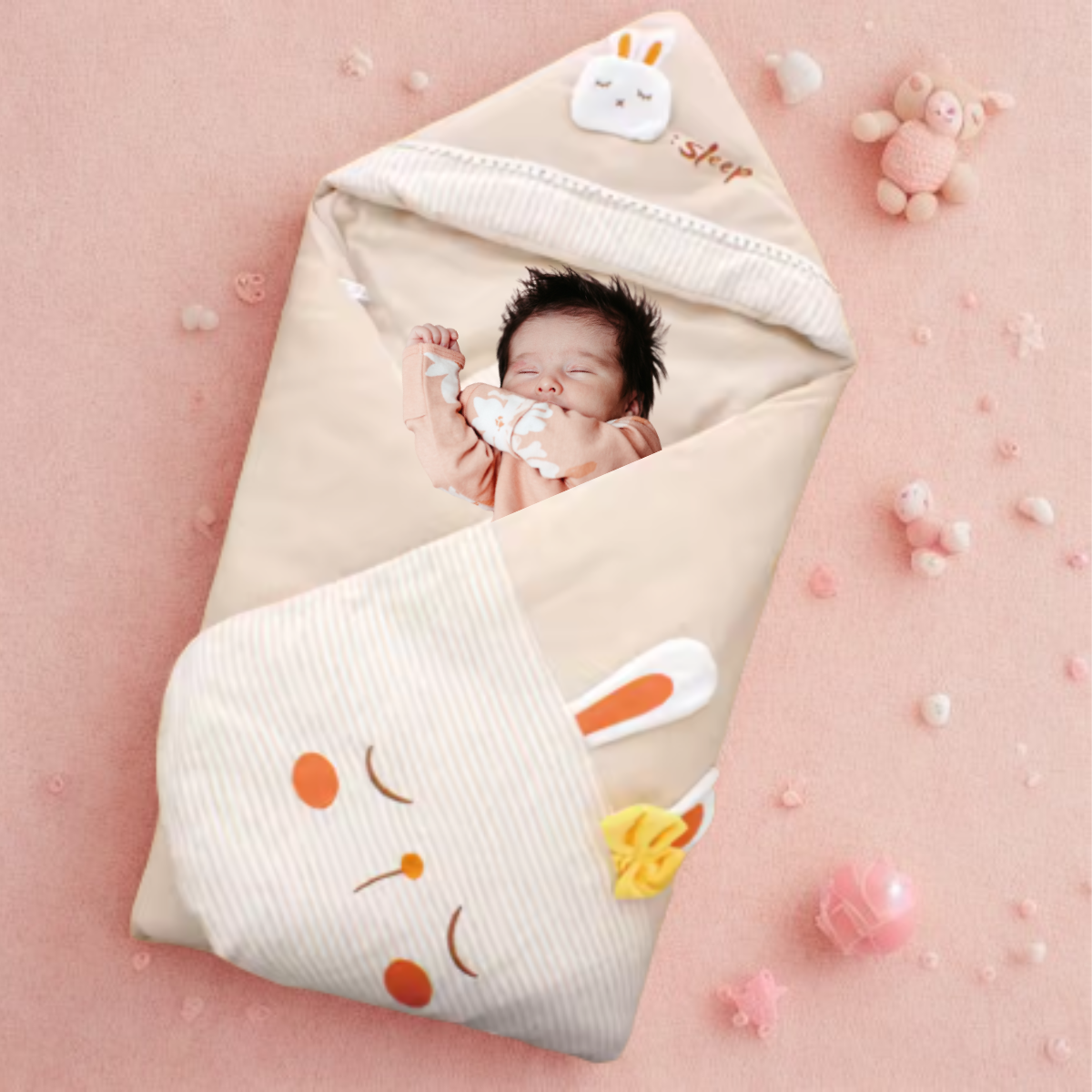 Bébé endormi enveloppé dans une couverture à capuche beige décorée d’un lapin brodé sur fond rose pastel.
