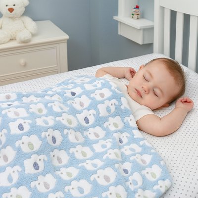Couverture bebe chaude Calinia™ bleue à motifs éléphants, bébé endormi paisiblement dans son lit.