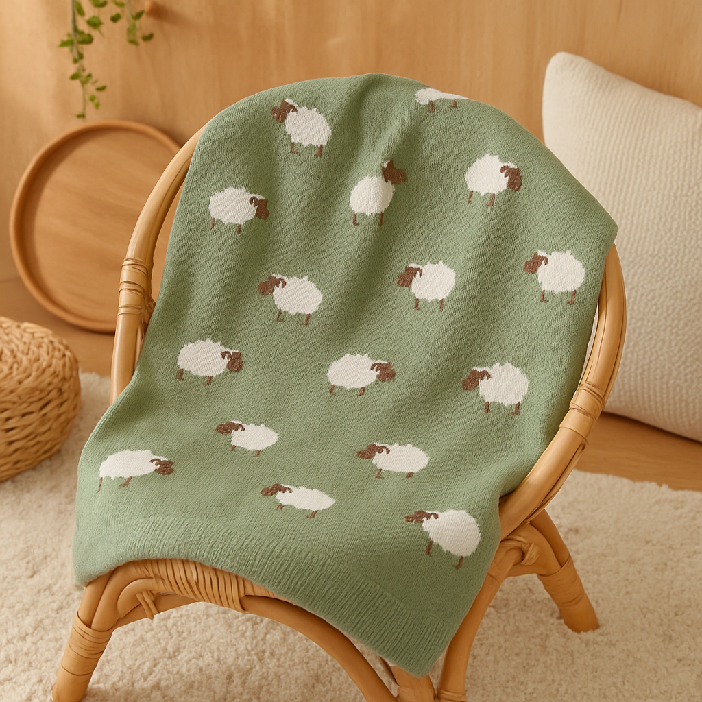 Couverture d'Emmaillotage Tricot  Emmitouflette™ vert sauge présenté sur chaide en osier  