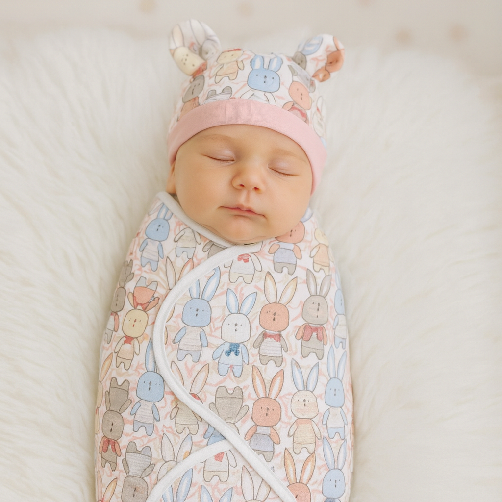 Bébé endormi paisiblement, emmailloté dans la couverture emmaillotage bébé à motif lapins pastel avec bonnet assorti, allongé sur un fond moelleux blanc.