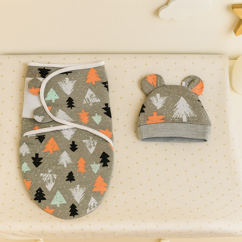 Ensemble couverture emmaillotage bébé et bonnet assorti motif sapins gris, orange, menthe et noir, posé sur une table à langer dans une chambre au décor doux et chaleureux.