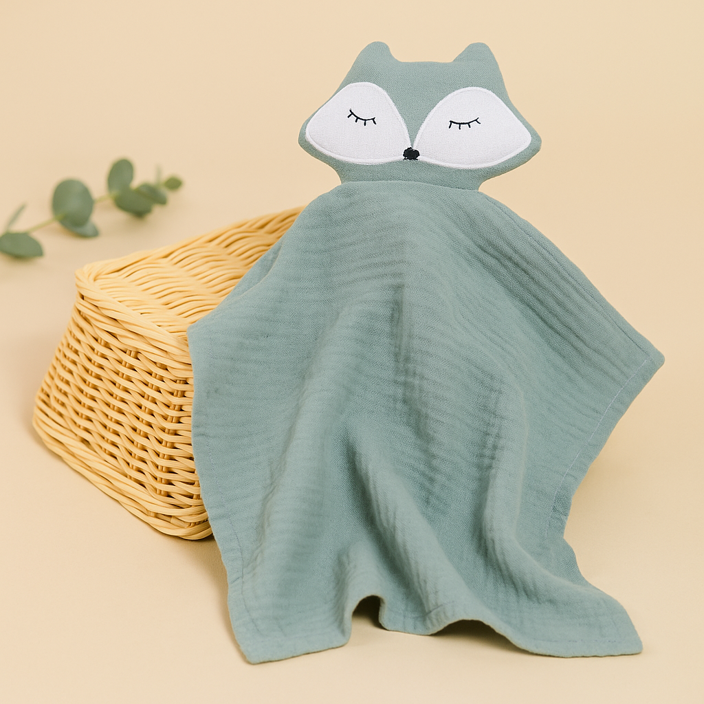 Doudou bébé en gaze de coton DouGreen™ vert sauge sur panier en osier clair
