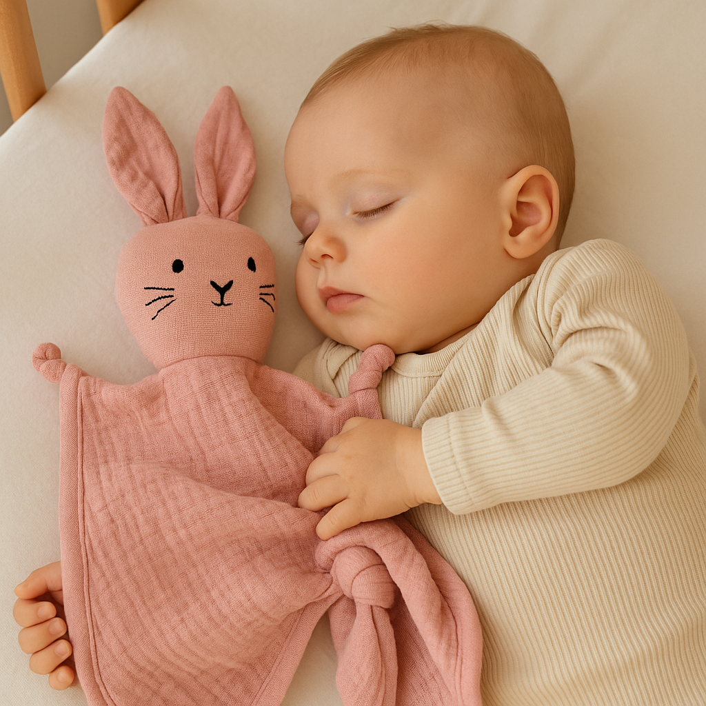 Bébé endormi tenant contre lui un doudou lapin rose