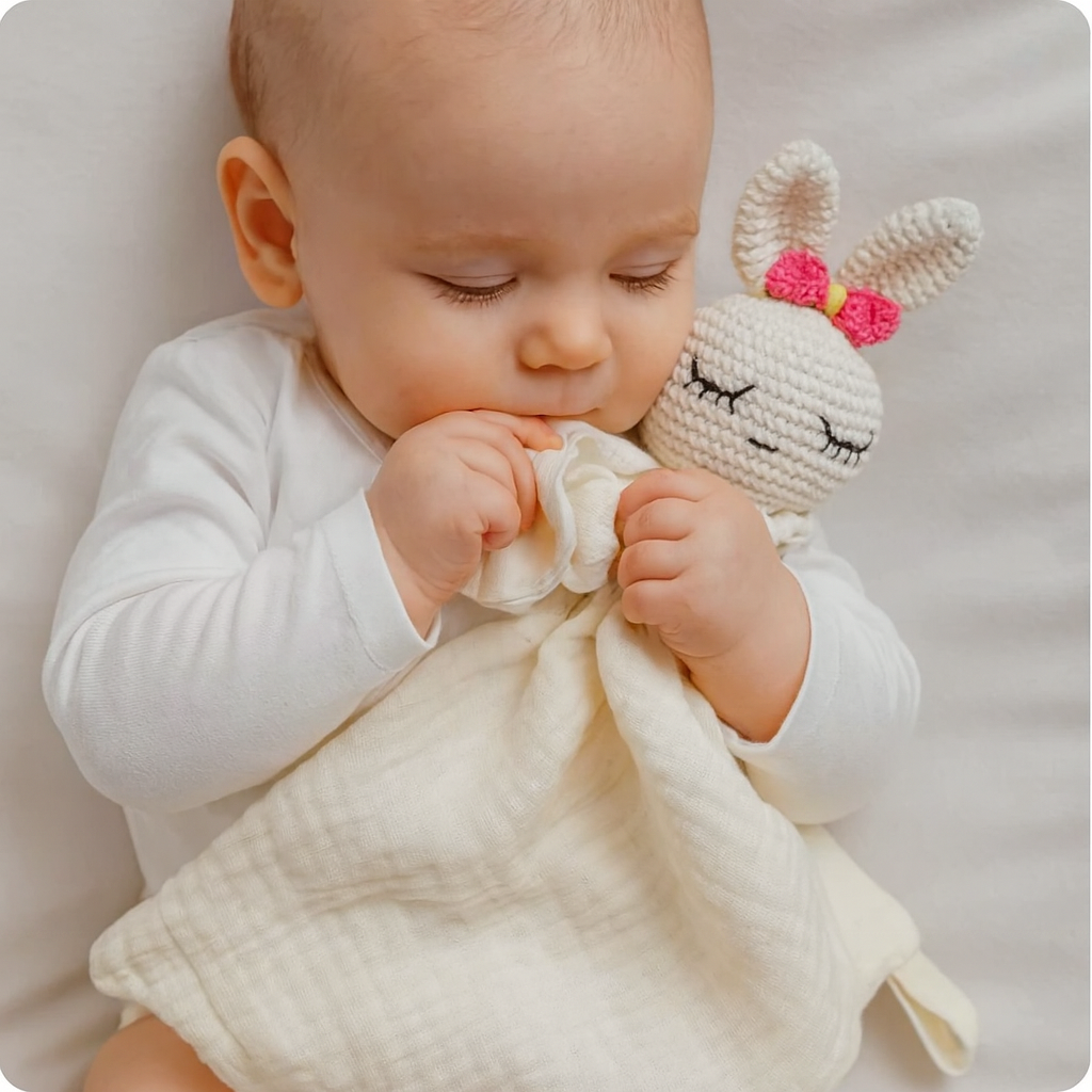 Bébé endormi tenant le DOUDOU POUR BEBE LAPIN RENARD | LapiRoux™, en crochet crème avec nœud rose, dans une ambiance douce et apaisante.