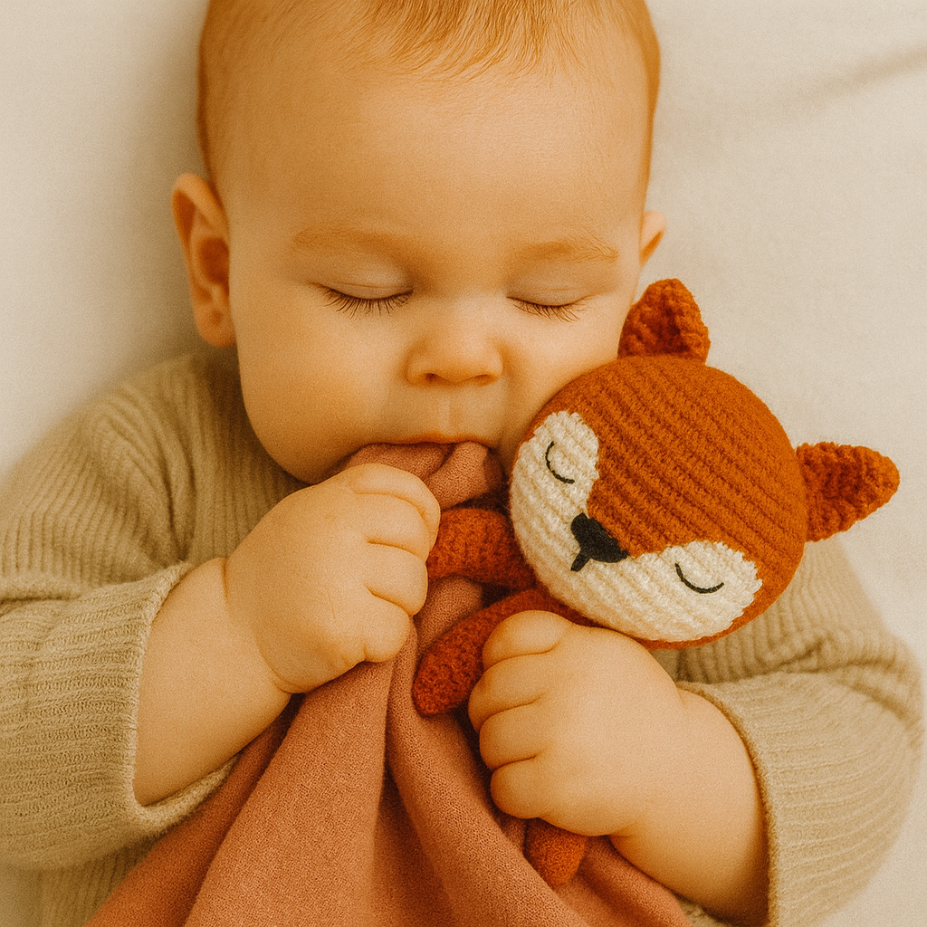 Bébé endormi serrant le DOUDOU POUR BEBE LAPIN RENARD | LapiRoux™, en crochet renard roux, pour un moment tendre et apaisant.