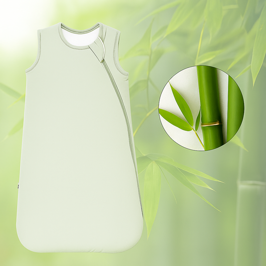 Gigoteuse été DouxRefuge™ en tissu de bambou vert sauge, présentée sur un fond naturel illustrant la fraîcheur végétale du bambou – idéale par temps chaud.