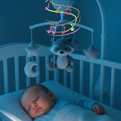  Bébé endormi sous le Mobile Bebe Raton Laveur- Noctacoon, lumière douce bleutée 