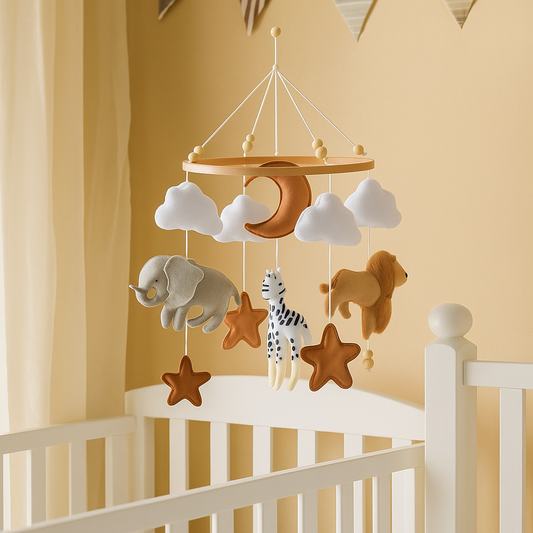 Mobile lit bébé jungle avec lion, girafe, éléphant, étoiles et nuages suspendus au-dessus d’un berceau blanc — idéal pour éveiller bébé en douceur dans sa chambre.