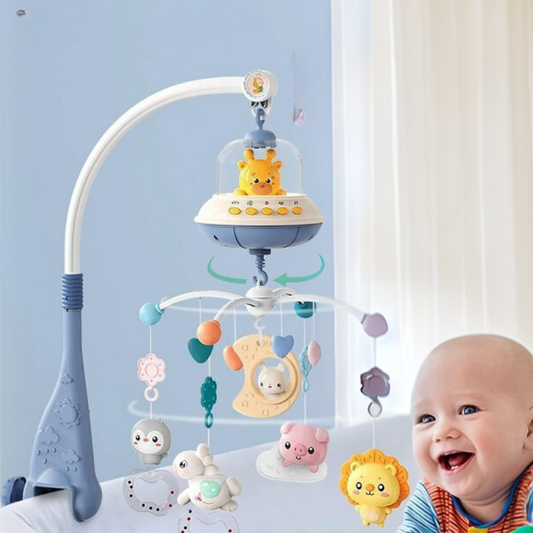 Mobile Musical Bébé Animaux-BabyLulla diffusant de la musique douce dans une chambre bébé cosy et bébé qui rigole car heureux