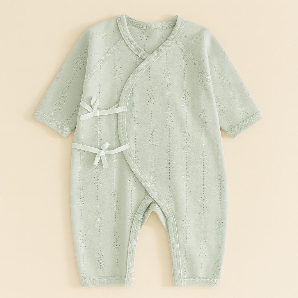 Pyjama bebe vert sauge mi-saison en coton respirant, avec coutures plates et nœuds latéraux, présenté sur fond uni pour un rendu élégant.
