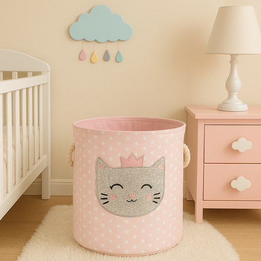 Panier de rangement chambre bebe rose à pois blancs avec motif chat pailleté, posé sur un tapis moelleux dans une chambre de bébé décorée d’un berceau blanc, d’une commode rose et d’un nuage mural pastel.
