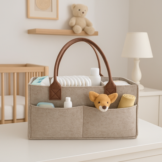 Panier de rangement couches feutre sur table à langer dans chambre bébé