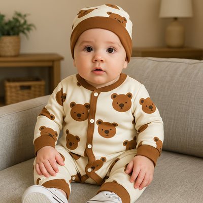 Bebe assis portant le Pyjama d’hiver en Coton Bio pour Bebe DouceurNature™, motif ourson mixte, chaud, doux et pratique avec pressions.
