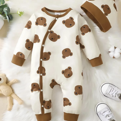 Pyjama d’hiver en Coton Bio pour Bebe DouceurNature™, motif ourson mixte, chaud, doux et respirant pour proteger la peau sensible.
