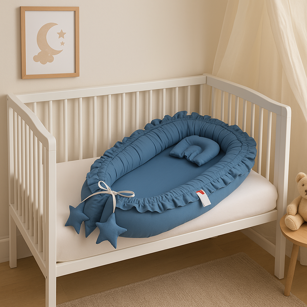 Réducteur de lit bébé bleu indigo Tinctoria™ avec volants et finitions en deux pointes étoilées, installé en toute sécurité dans un berceau blanc à barreaux dans une chambre douce et lumineuse.