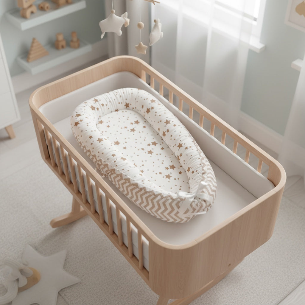 éducteur de lit beige pour bebe nouveau né ÉtoileCocon présenté en vue catalogue sur fond neutre, motif étoiles beige clair.