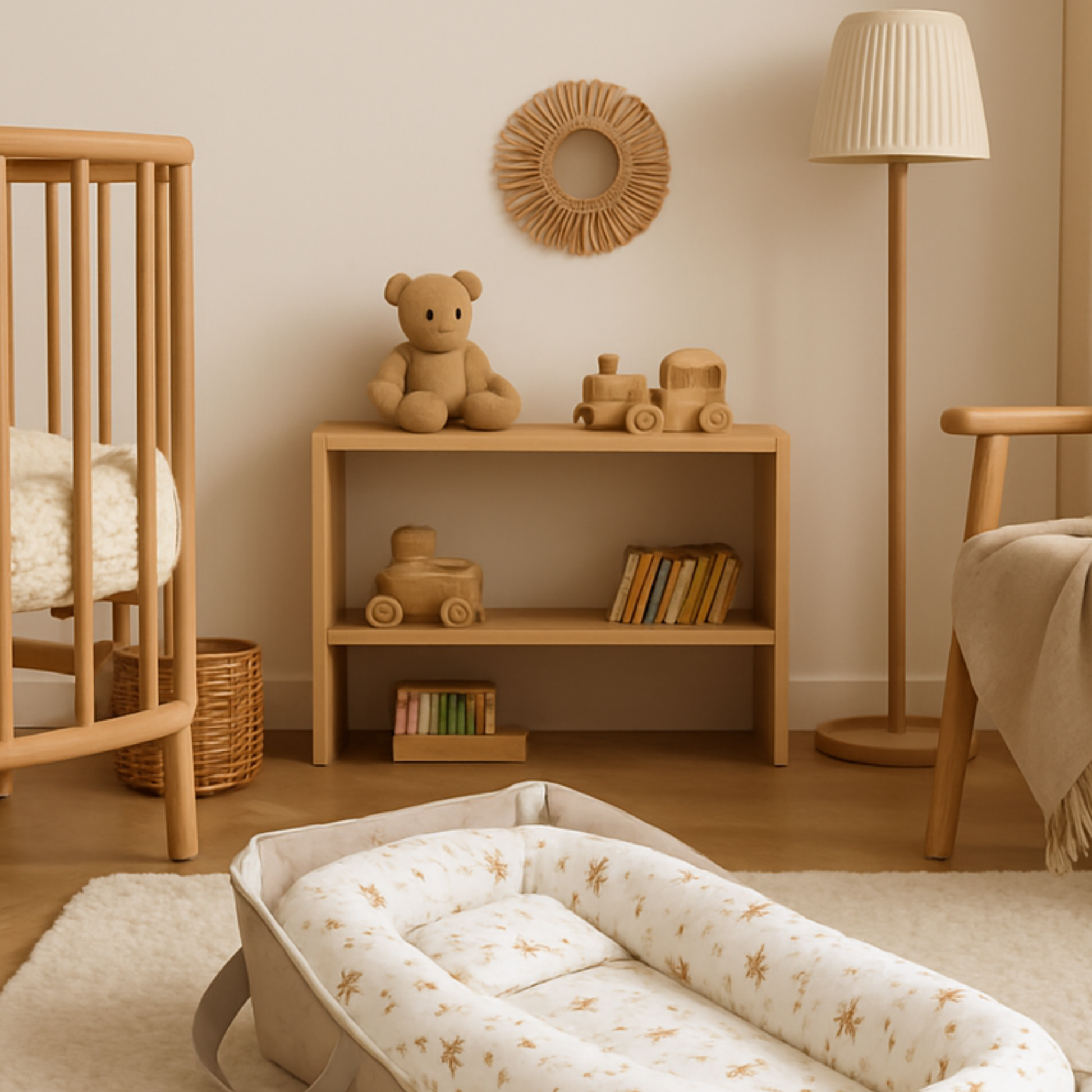 Réducteur de lit bébé StarrySky™ dans une chambre scandinave, posé au sol pour illustrer un espace cocooning.